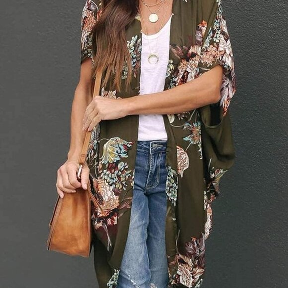 Womens Floral Kimono Duster Cardigans Short Sleeve Draped Oversized Beach Cover - Picture 2 of 6